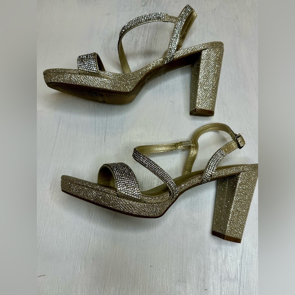 Anne Klein Gold Rhinestone Block Heel Sandals 7.5 M Ankle Strap Dress Shoes - Picture 3 of 11